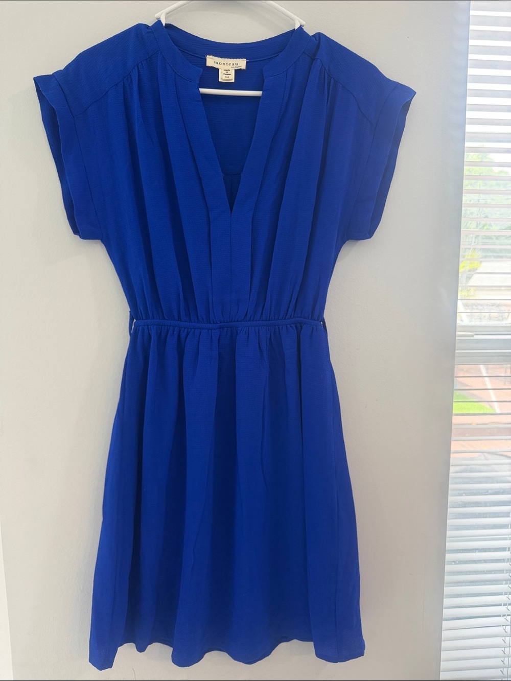 Monteau Cobalt Blue Pleated V-Neck Mini Dress